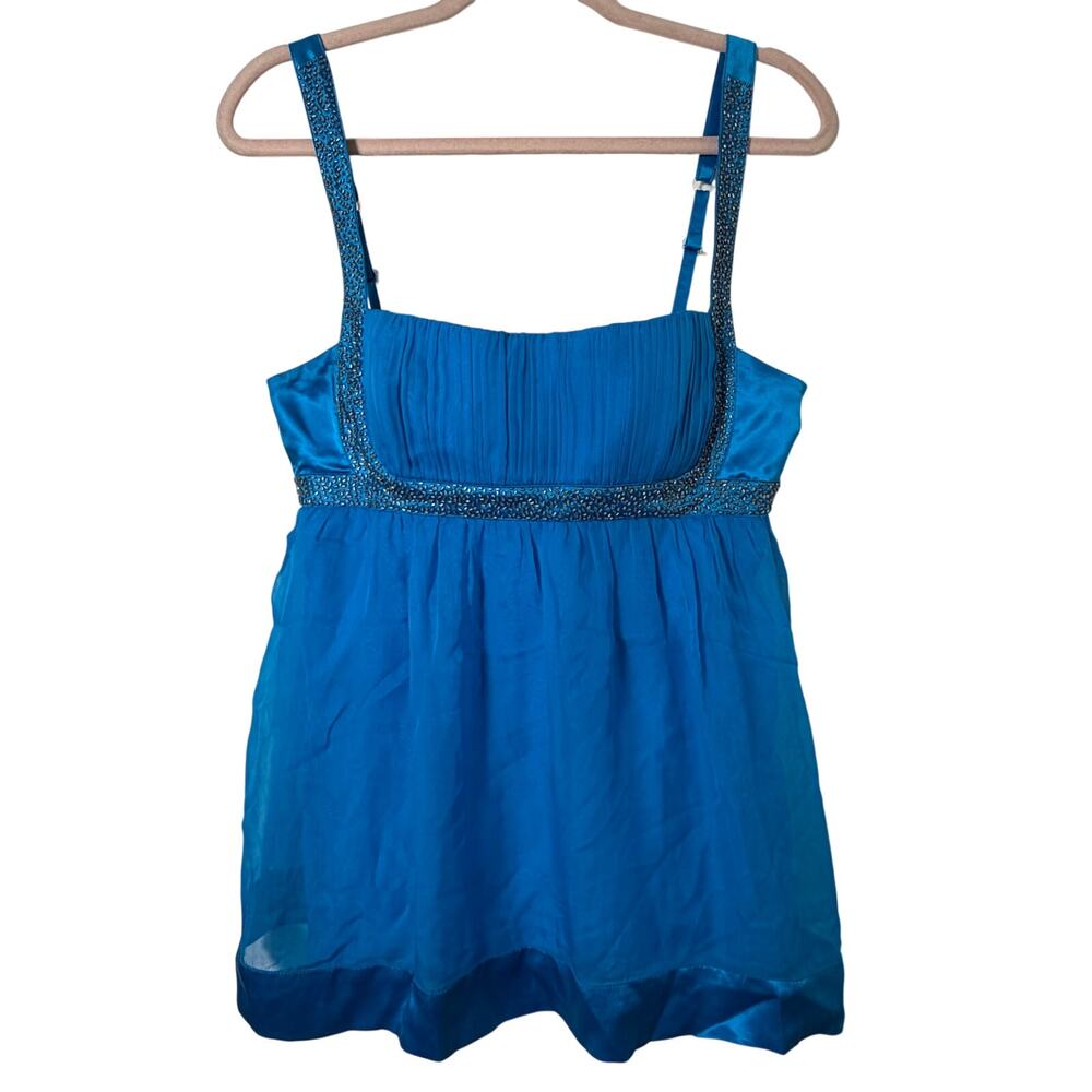 Md Y2K Vtg Bebe 100% Silk Babydoll Tank Top Blue Beaded Fairy Coquette Glam Club